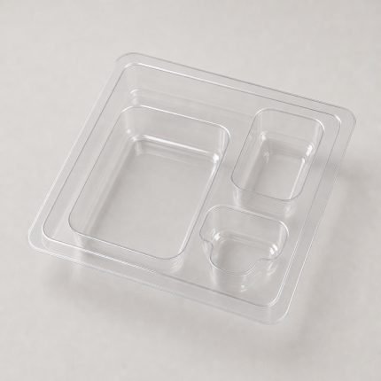 Clear thermoformed blister tray with several shallow pockets