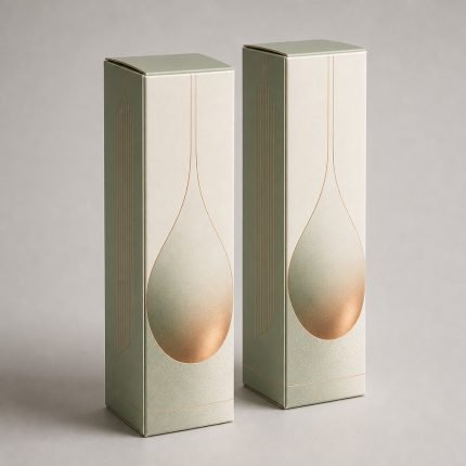 Two slim printed bottle cartons in sage and ivory standing side by side