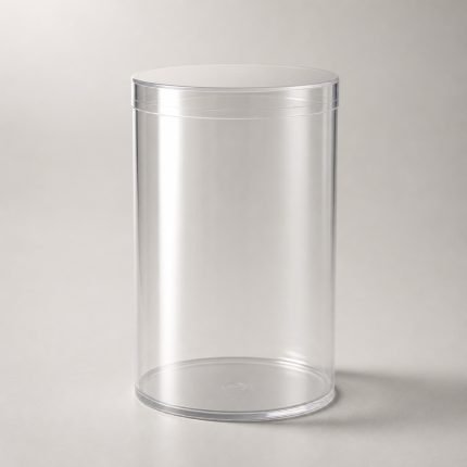 Clear plastic round cylinder box with a flat lid