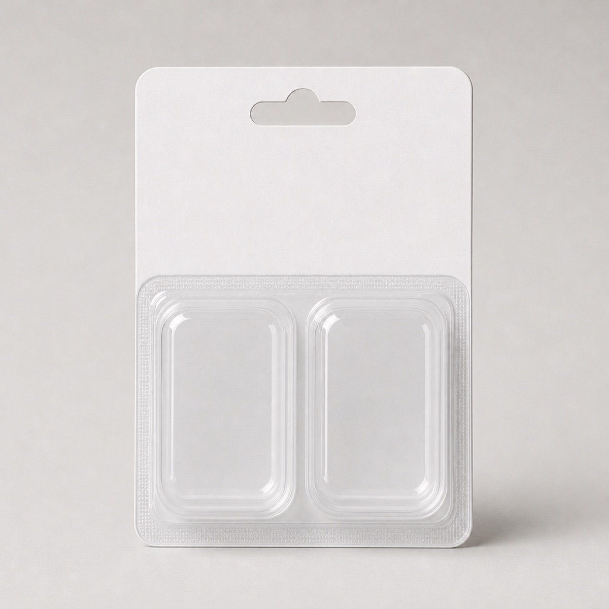 fushi-double-blister-header Double blister pack with two clear cavities on a plain header card