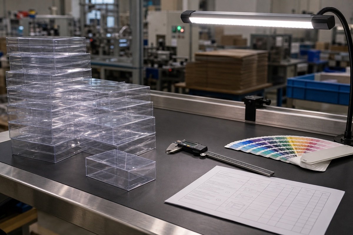 Quality inspection bench with caliper and colour swatches