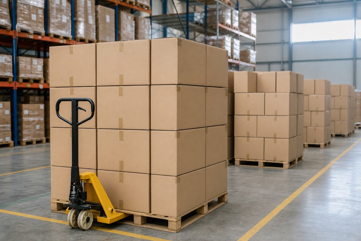 Finished goods warehouse with palletised export cartons