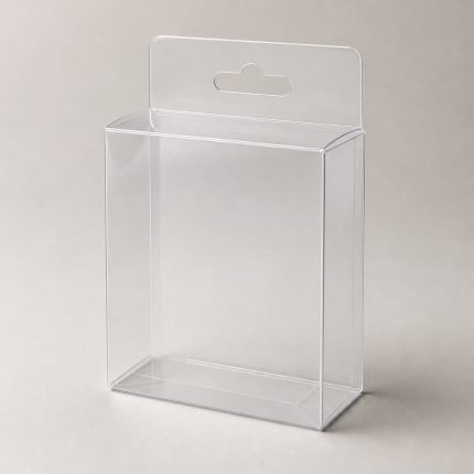 Clear plastic retail box with a euro-hole hang tab at the top