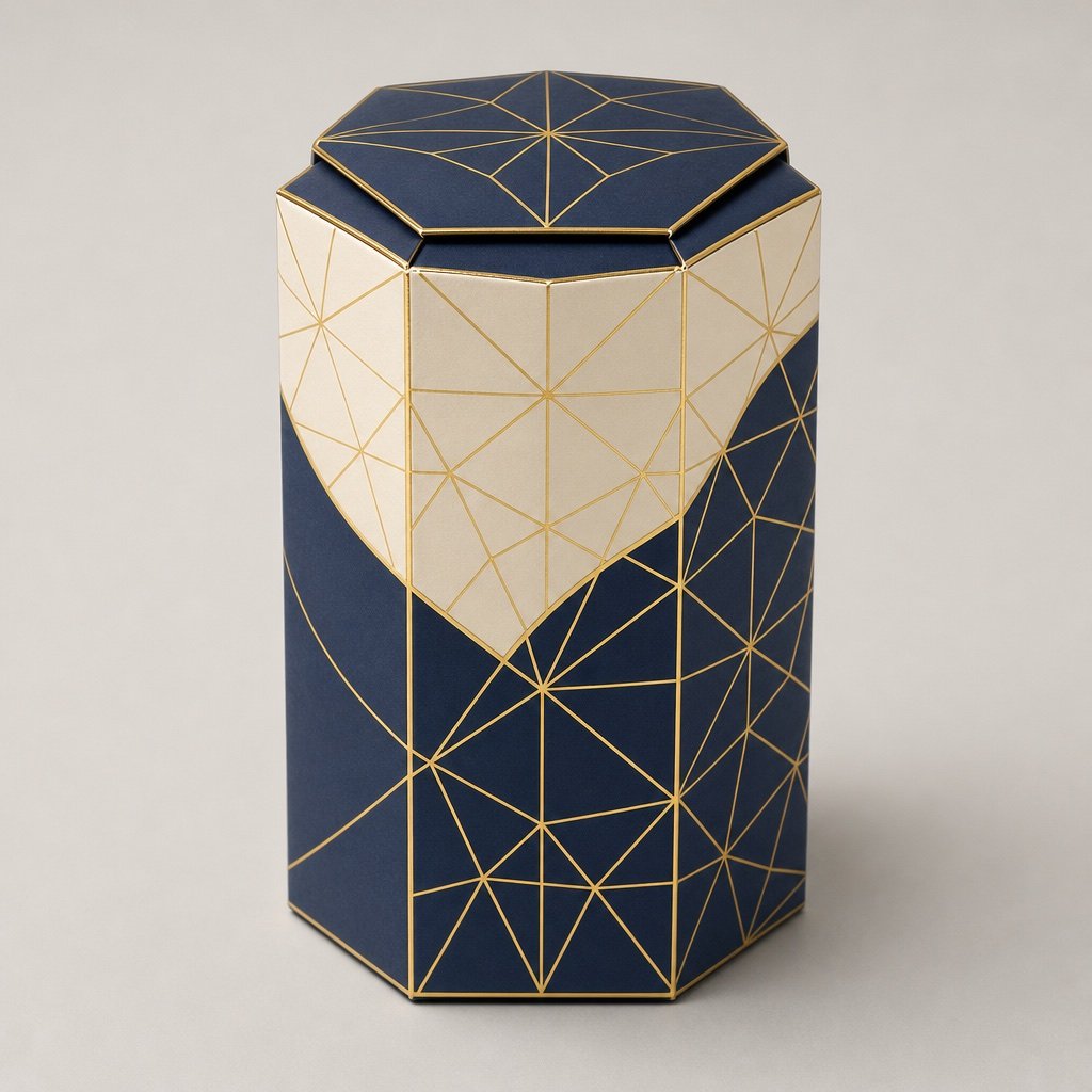fushi-hexagon-carton Hexagon printed folding carton in navy and ivory with gold foil lattice