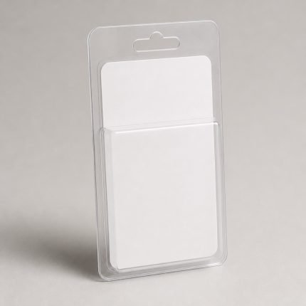 Slide blister pack with a plain card partly inside a clear plastic sleeve