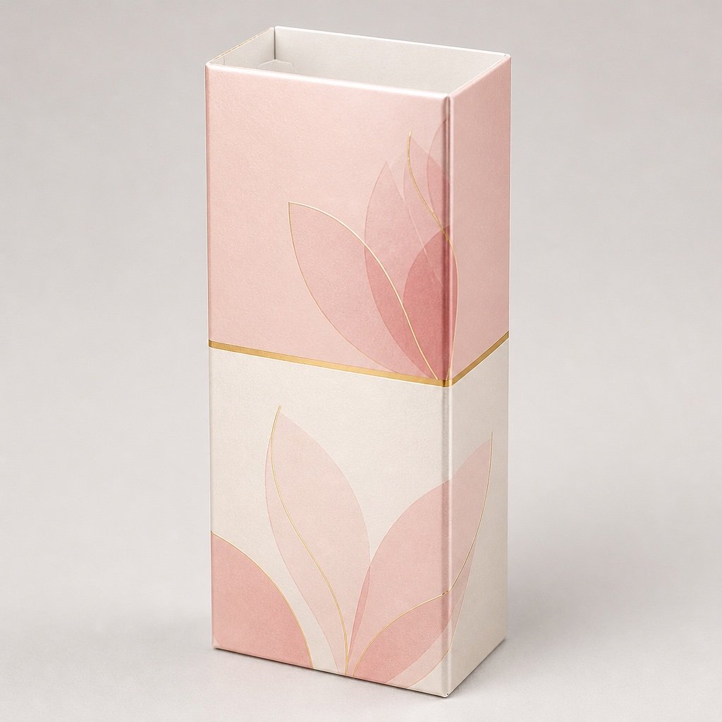 fushi-straight-tuck-end-carton Printed straight tuck-end folding carton in blush pink and cream